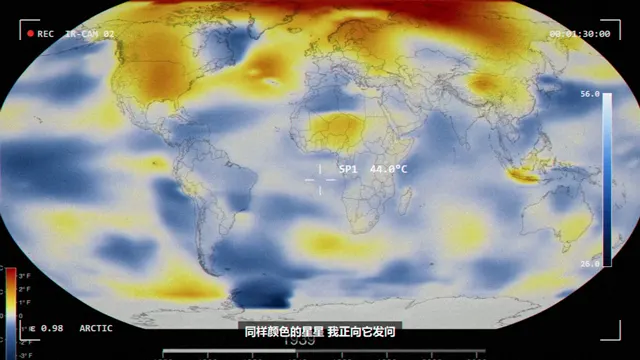 伪彩的全球气温距平地图和热像仪取景框